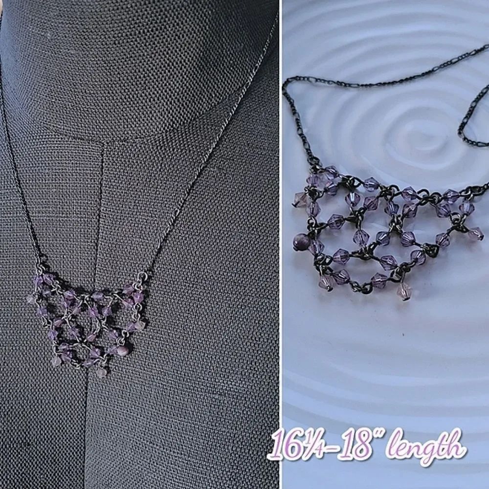 Purple beaded silver tone chain lattice necklace